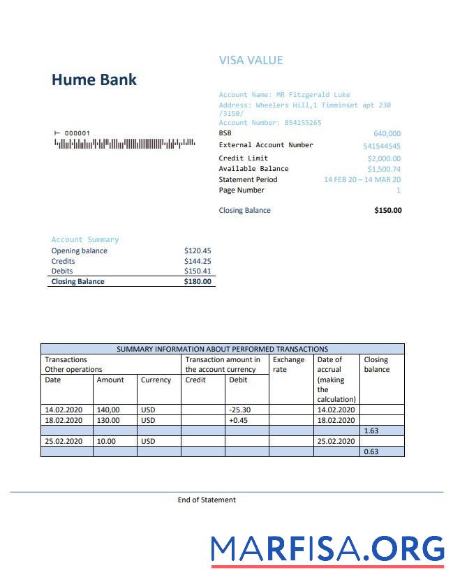 Realistic Australia Humebank proof of address statement example